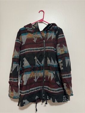 Patterned Hooded Zip Jacket in Maroon, Teal & Black